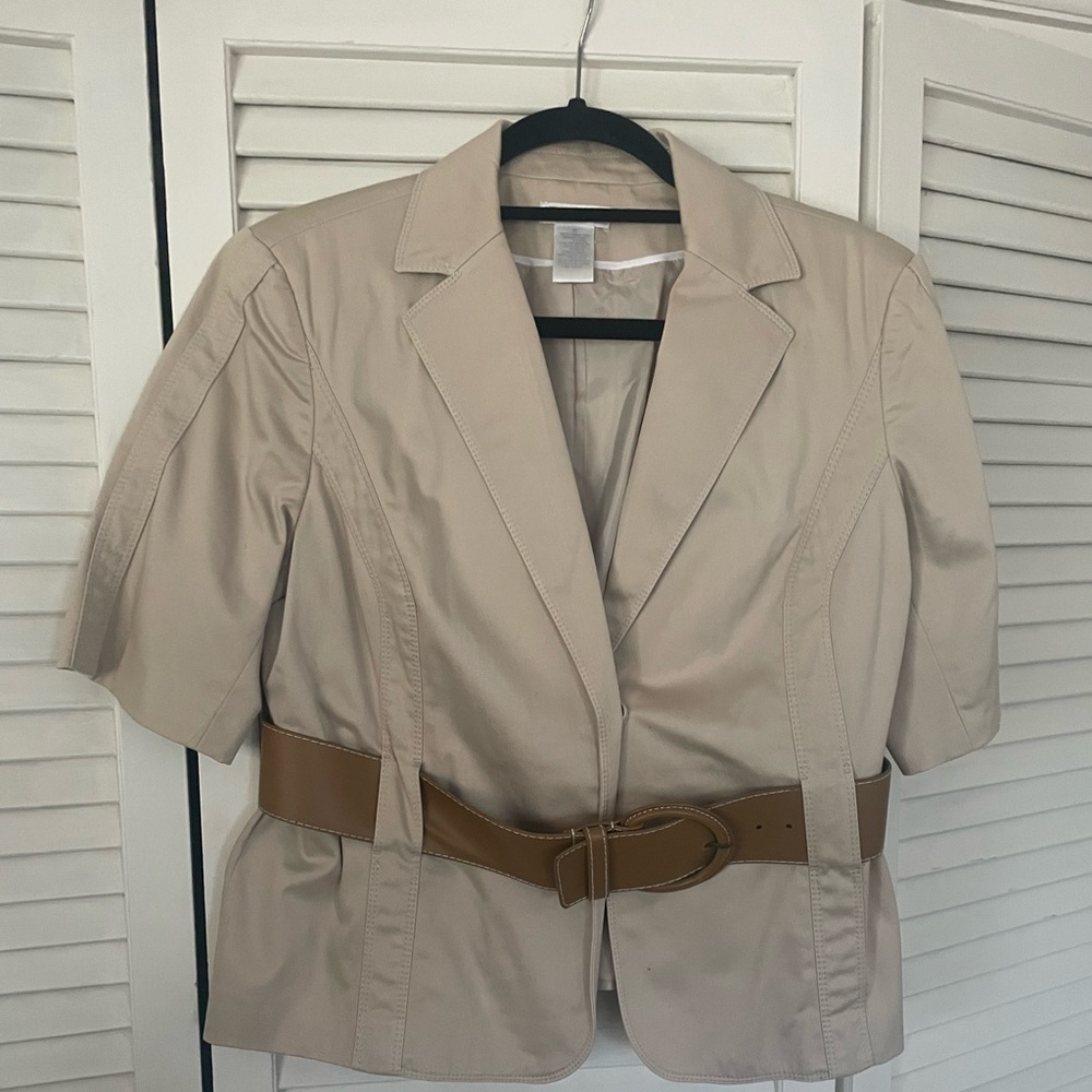Elegant Beige Short Sleeve Blazer with Belt